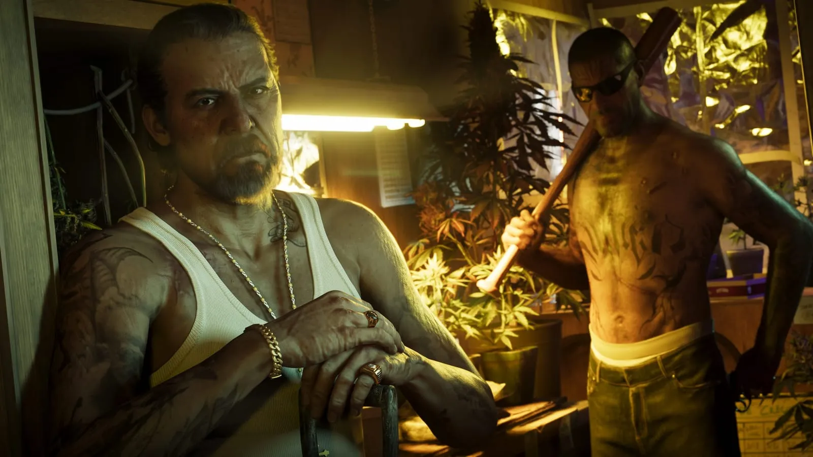 Ночная сцена GTA VI: мужчина с битой на пороге освещённого дома