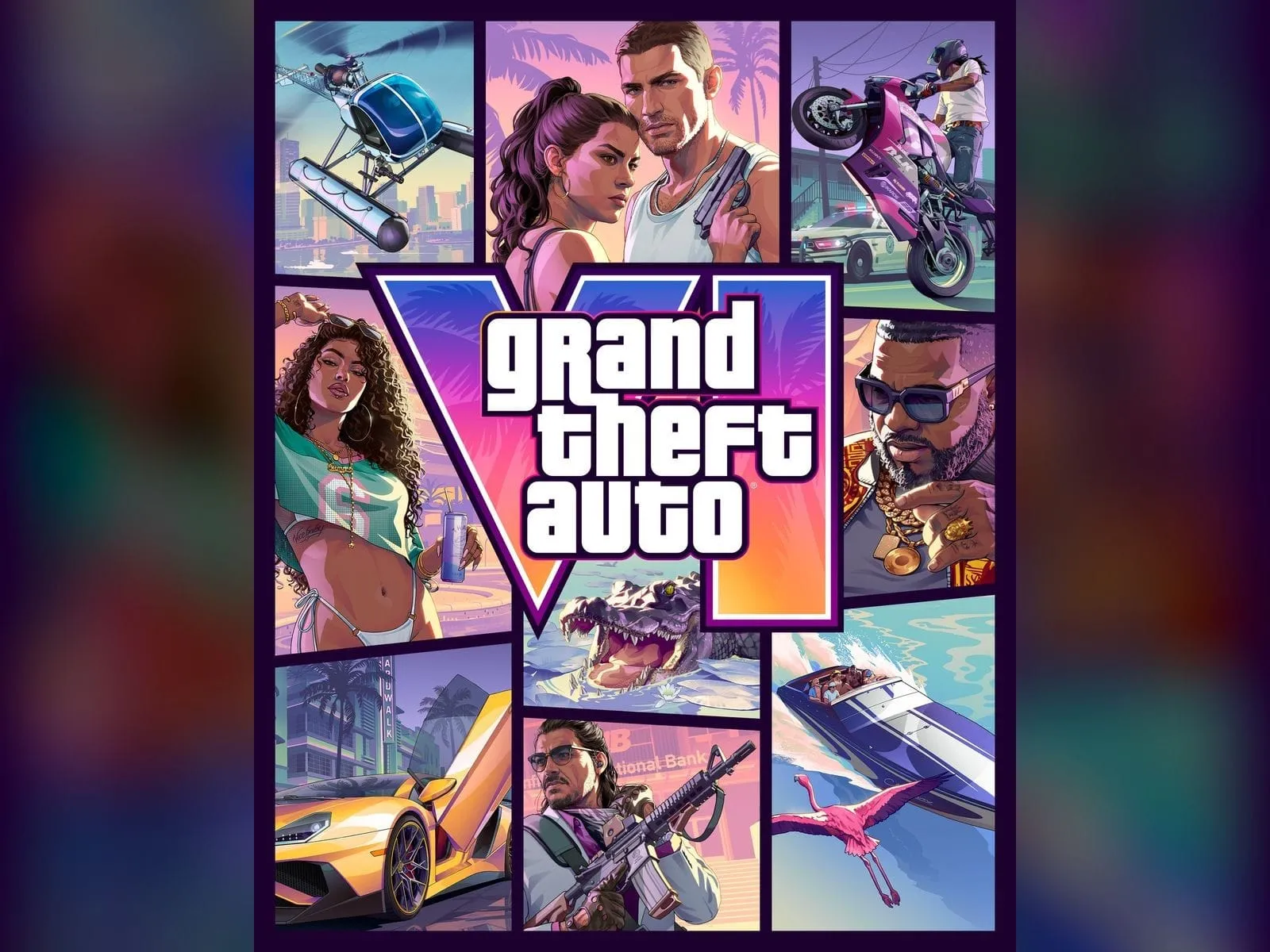 Обложка стандартного издания GTA VI: логотип VI на коллаже с Лусией, Джейсоном и Вайс-Сити