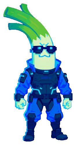 Avatar de CyberLeek: um alho-poró em pixel art de óculos escuros e armadura azul