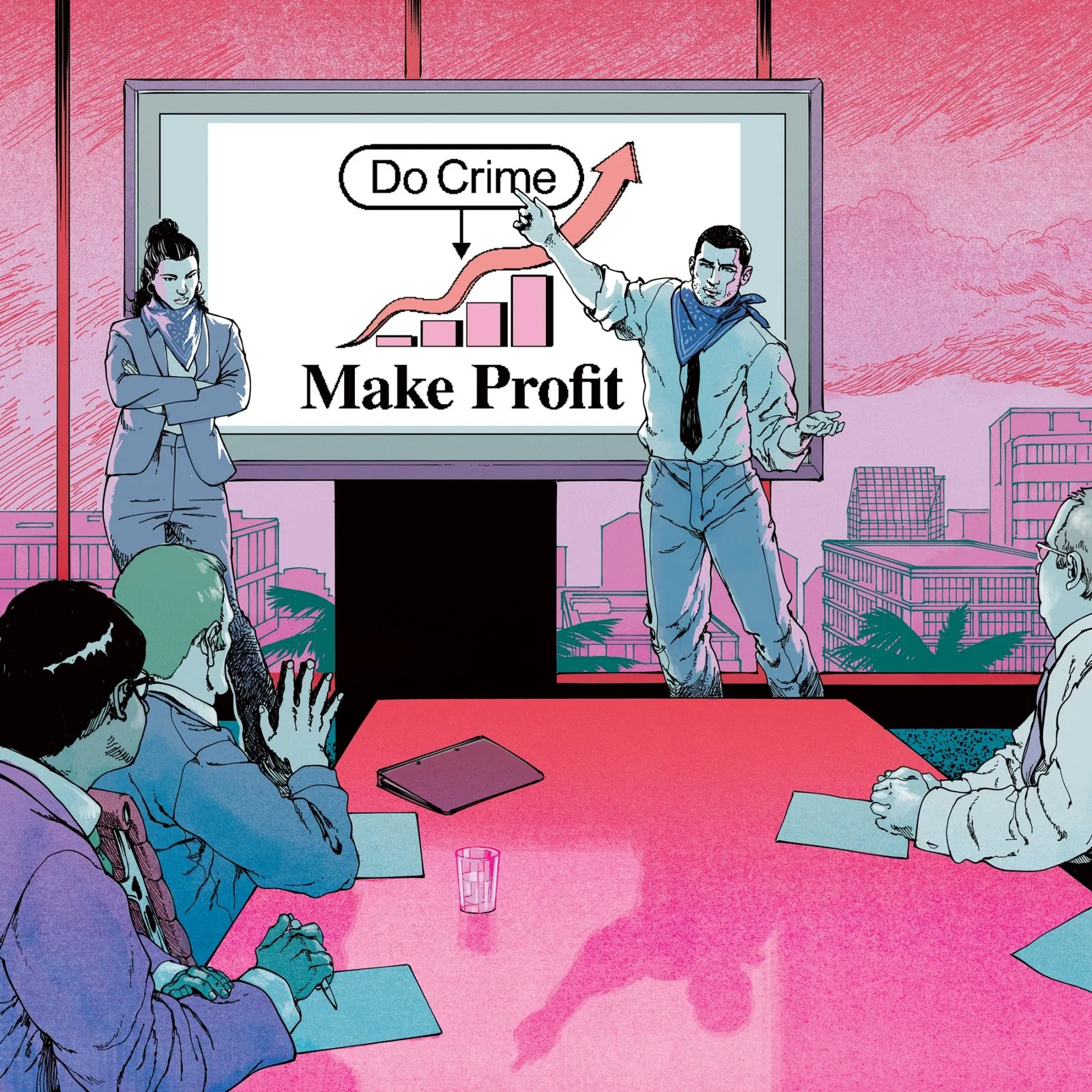 Иллюстрация Bloomberg: герои GTA 6 на совещании у графика «Do Crime → Make Profit»