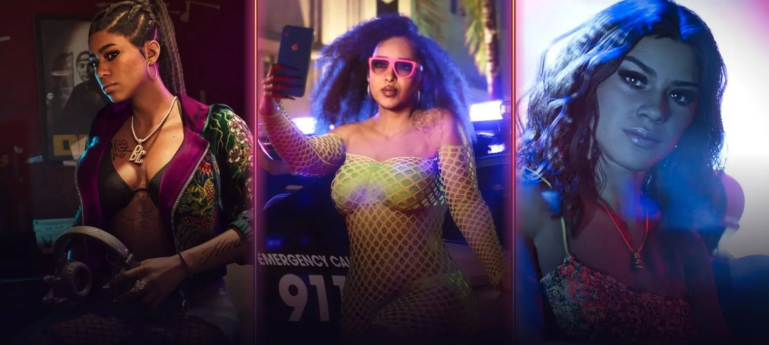 Cenas de GTA 6: uma DJ na cabine, uma rua noturna de Vice Beach ao lado de uma viatura e Lucia na pista de dança