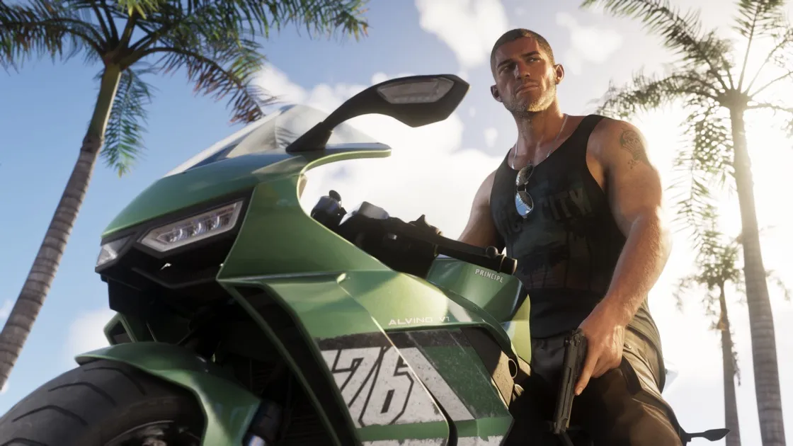 Jason Duval numa moto esportiva, imagem oficial de GTA VI